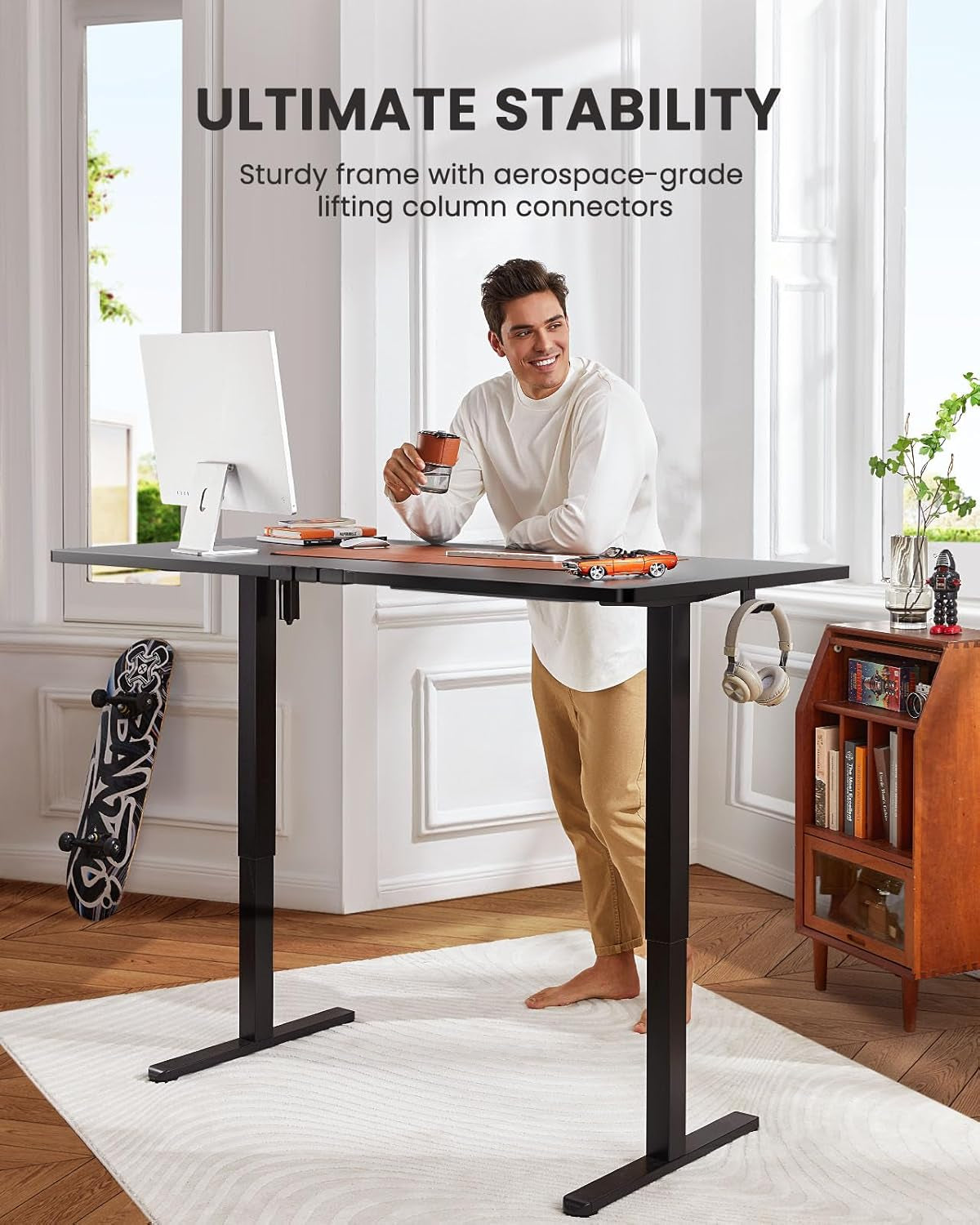 Electric Standing Desk with Drawer, 48 X 24 Electric Stand up Desk, Ergonomic Adjustable Table with Storage, Computer Workstation with Cable Management, Headphone/Bag Hooks, Home Office, Black